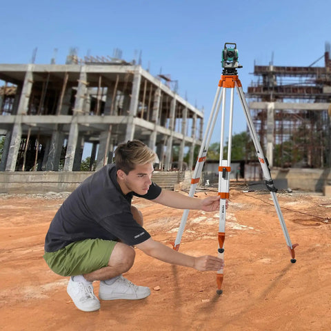 Heavy Duty Laser Level Tripod Stand With Five Eighths Inch Eleven Thread Mount Adjustable From Sixteen To Sixty Five Inches Aluminum Pro Grade Construction Retractable Legs Non Skid Feet Supports Up To Twelve Pounds on a jobsite