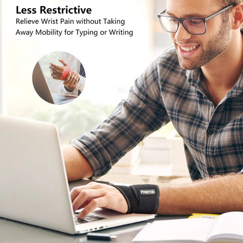 2 Pack Wrist Brace For Carpal Tunnel Relief Night Support featured on man typing at laptop, neoprene material, enhances comfort in work settings.