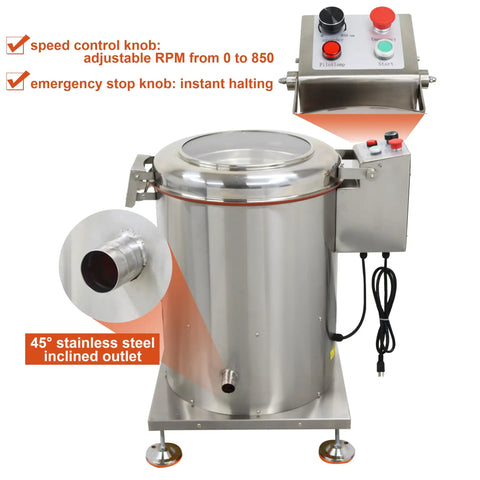 Straight Up Electric Food Dehydrator Spin Dryer Featuring Adjustable Centrifugal Action Up To Eight Hundred Fifty Rpm Crafted In Sturdy Stainless Steel with control knobs