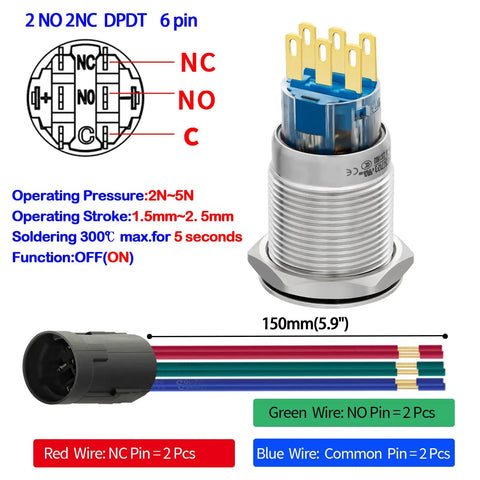 Beefy 19mm Key Switch with 2 Position DPDT Latching Mechanism, 2NO 2NC, Stainless Steel, wiring detail with labeled connectors