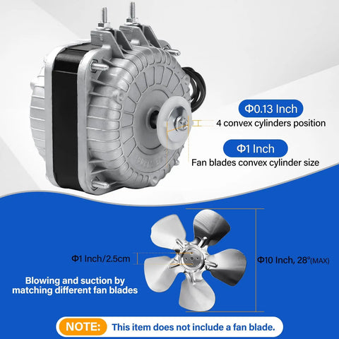 120V Shaded Pole Condenser Fan Motor For Refrigeration Equipment Evaporators, side view, details of fan blade compatibility