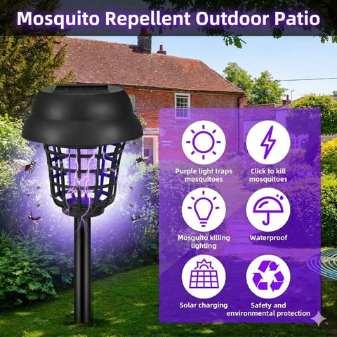 Solar Powered Bug Zapper For Outdoor Use Must Have Waterproof Mosquito Trap And Killer For Moths Gnats Flies Small Flying Insects Solar Zapper For Backyard Garden 4 Pack installed in a garden.