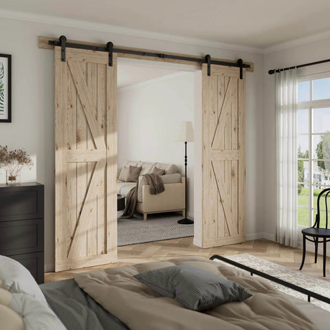 Heavy Duty Sliding Barn Door Hardware Kit For 60 Inch Wide Double Doors, 20 foot track, installed in a modern bedroom.
