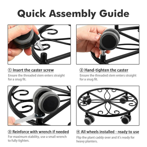 Quick assembly guide for Three Pack Heavy Duty Metal Plant Caddies With Wheels 13.5 Inch Rolling Plant Stand Dollies Ideal For Indoor And Outdoor Use Built From Rustproof Iron With Durable Bronze Finish And Smooth Casters For Easy Movement And Potted Plant Safety.