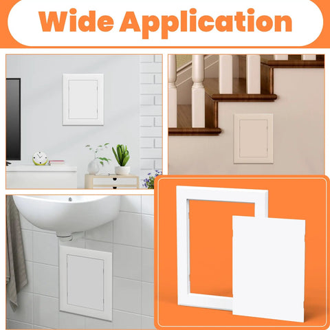 Peel And Stick 12 X 12 Inch Drywall Access Panel Hides Ugly Wall Holes And Messy Plumbing Straight Up Easy Install Smooth Paintable Abs Plastic, shown in various home settings.
