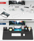Before and after desk comparison using 5 In 1 Desk Pad Organizer Set With Large Mouse Pad, Phone Stand, Cup Holder, Pen Holder, Storage Box And Card Case showing tidy workspace