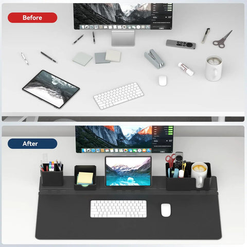 Before and after desk comparison using 5 In 1 Desk Pad Organizer Set With Large Mouse Pad, Phone Stand, Cup Holder, Pen Holder, Storage Box And Card Case showing tidy workspace