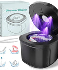 Ultrasonic Retainer Cleaner With UV Lights 45kHz Deep Cleaning Pod For Dentures and Jewelry, 360 Degree, Black, in use with dentures