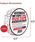 NeverCurl Double Sided Rug Tape With Mesh Fabric showing packaging dimensions and label, 1.5 inch by 30 feet roll.
