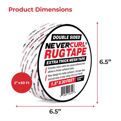 NeverCurl Double Sided Rug Tape With Mesh Fabric showing packaging dimensions and label, 1.5 inch by 30 feet roll.
