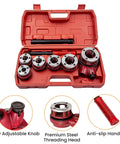Pipe Threader Kit With 6 Dies 1/4, 3/8, 1/2, 3/4, 1, 1-1/4 Inch Manual Ratcheting Threading Tool Set in red case, visible components