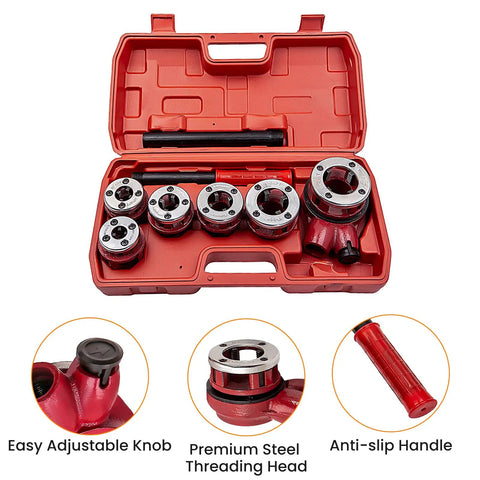 Pipe Threader Kit With 6 Dies 1/4, 3/8, 1/2, 3/4, 1, 1-1/4 Inch Manual Ratcheting Threading Tool Set in red case, visible components