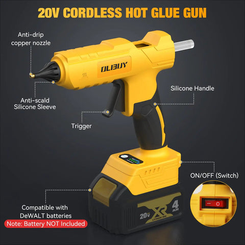 Cordless 100W Hot Glue Gun For 20V Max Battery Full Size Handheld Glue Tool angle view showing trigger and silicone handle