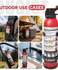 Two Pack Portable ABC Fire Extinguisher Spray For Home And Car 1.32 Lb Each shown in outdoor use by backpack and bike.