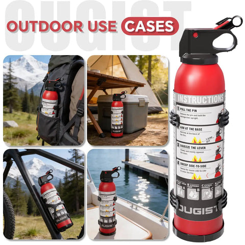 Two Pack Portable ABC Fire Extinguisher Spray For Home And Car 1.32 Lb Each shown in outdoor use by backpack and bike.