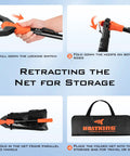 Instructional image showing steps to fold and store the Foldable Lightweight Landing Net With Built In Length Scale And 61In Extendable Aluminum Handle Floating Design Dope Gear For Freshwater And Saltwater Fishing A Sweet Gift For Men Who Live For Gear.