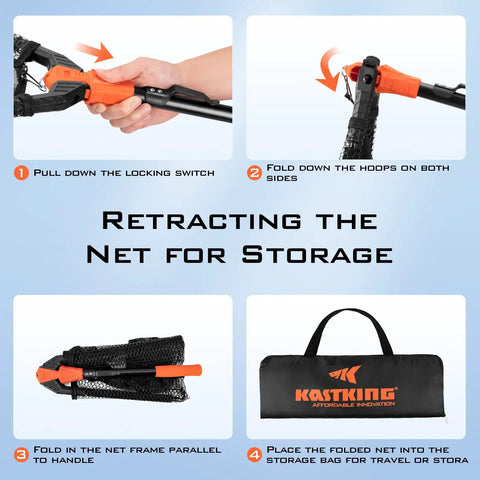 Instructional image showing steps to fold and store the Foldable Lightweight Landing Net With Built In Length Scale And 61In Extendable Aluminum Handle Floating Design Dope Gear For Freshwater And Saltwater Fishing A Sweet Gift For Men Who Live For Gear.