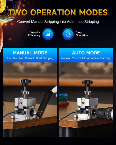 Wire Stripper Machine For Scrap Wires, Manual Crank Or Drill Compatible, shown in manual and auto modes