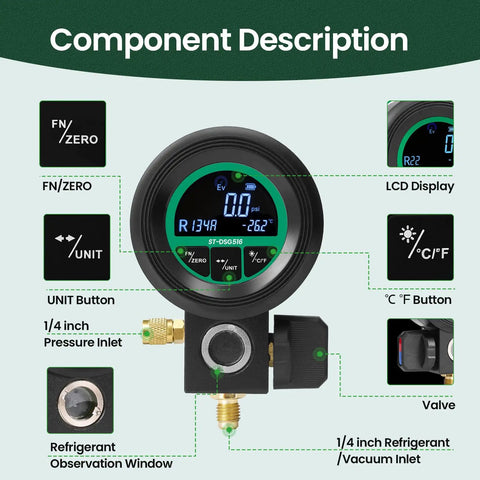 Pro Grade HVAC Digital Manifold Gauge For AC Charging With LCD Backlit Precision Pressure And Vacuum Tester That Reads kPa MPa Bar PSI with buttons and ports