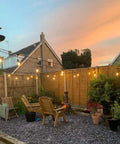 Outdoor patio with string lights featuring 25 Pack 2W S14 LED Bulbs Replacement for Outdoor String Lights, 2700K Soft Warm White.
