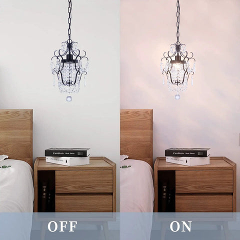 Crystal Mini Black Chandelier With Adjustable 41.3 Inch Chain, 1 Light E26 Ceiling Fixture Featuring K9 Crystal in bedroom off and on