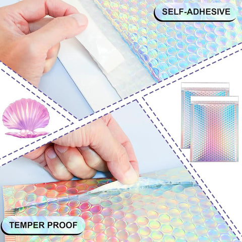 Hands demonstrating self-seal feature on 25 Pack Holographic Bubble Mailers 9 By 12 Self Seal Waterproof Poly Padded Envelopes