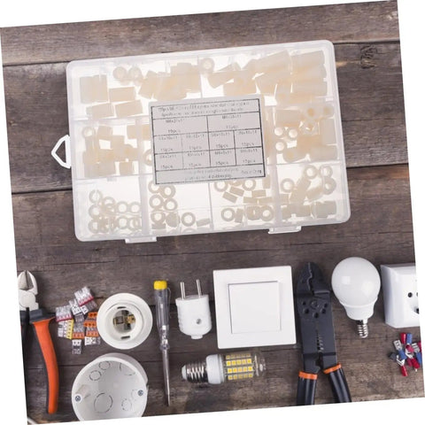 Nylon Round Spacer Nut Kit 150 Pcs Insulated Washers With Labeled Storage Case and electrical tools on wooden surface.