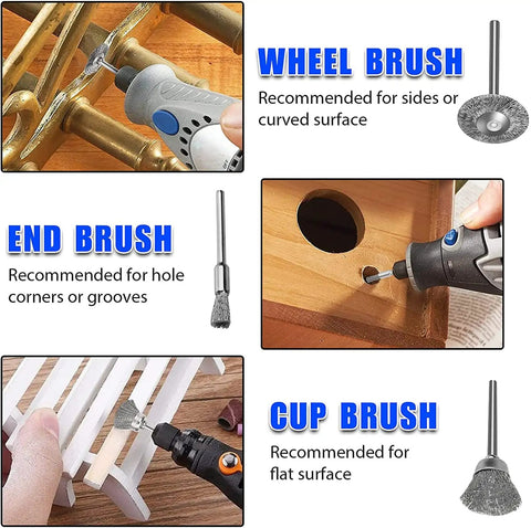 42 Piece Wire Wheel Brush Set For Rotary Tools With Steel Wire Wheels And Pen Style Brushes One Eighth Inch Shank Tough Rust Busting Deburring Kit use examples