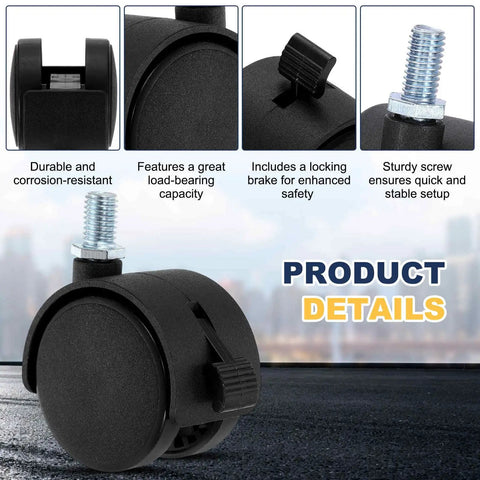 Four 2 Inch Swivel Stem Caster Wheels With Locking Brakes For Chairs Sofas Cabinets Shelves And Carts M10x15mm Threaded Nylon Furniture Casters Black Durable 30Kg Max Load Per Wheel Easy Screw Rod Install