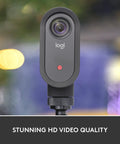 Mevo Start Wireless Streaming Cam With Legit 1080P HD Clarity on a stand, showcasing its lens and compact design for easy streaming.