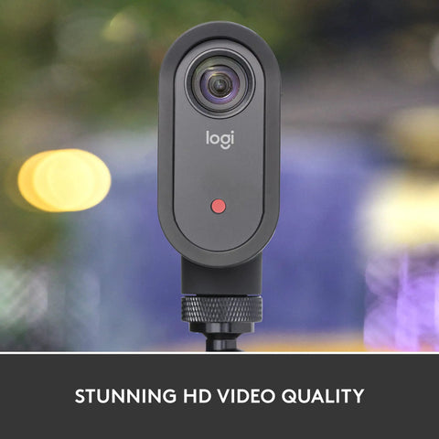 Mevo Start Wireless Streaming Cam With Legit 1080P HD Clarity on a stand, showcasing its lens and compact design for easy streaming.