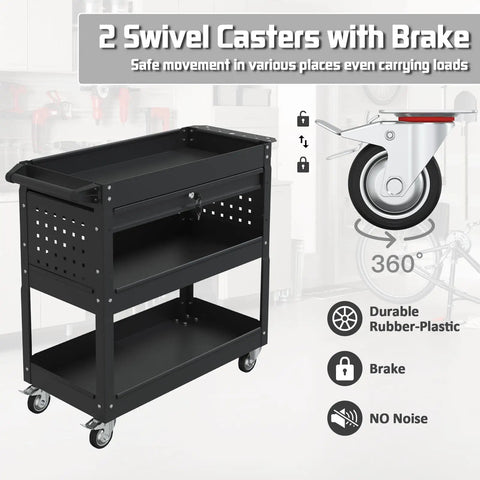 Three Tier Rolling Tool Cart With Drawers, 400 Lb Capacity Heavy Duty Utility Cart On Wheels With Pegboard, side view in matte black with swivel casters and brake, designed for garages and repair shops.