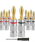Pro Grade 24K Gold Plated Banana Plugs For 4MM Speaker Wire Connectors, 12 piece set with dual screw clamp and aluminum housing.