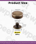 Product size chart for Premium Bronze Screw Back Rivets Stud Set With 32 Round Caps showing dimensions and details.