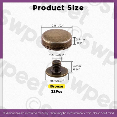 Product size chart for Premium Bronze Screw Back Rivets Stud Set With 32 Round Caps showing dimensions and details.