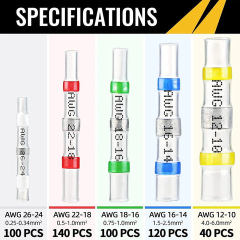 Specifications of Self Soldering Heat Shrink Solder Seal Wire Connectors Bundle Waterproof Insulated Butt Splice Terminals
