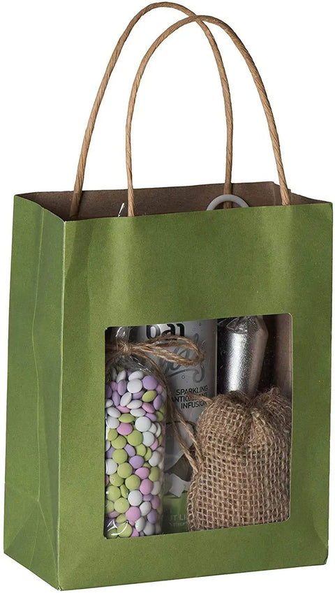 Green Kraft Paper Gift Bags With Handles, Clear Window, Medium Size, 200 Pack Bulk Party Favor Bags for Kids, Eco Friendly Gift Bags