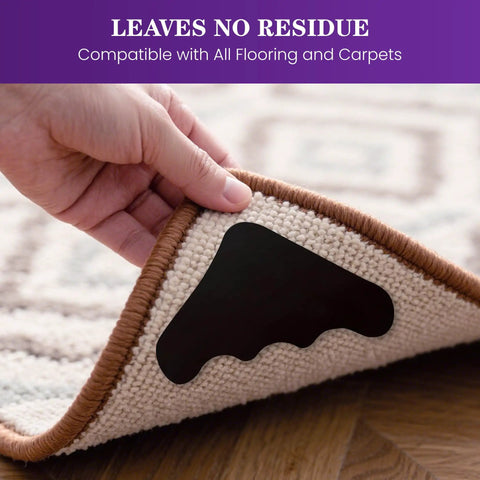 16Pcs Non Slip Rug Grippers With Triangular Design for Hardwood Floors and Carpet Tape being installed under a rug corner.