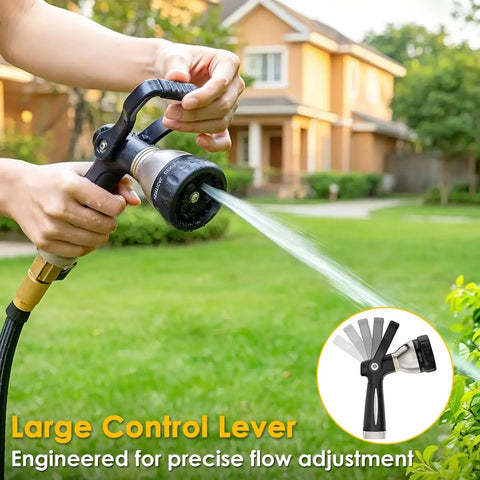 Heavy Duty Fireman Style Hose Nozzle With Eight Spray Patterns, Lever Control Ergonomic Grip in use for garden watering