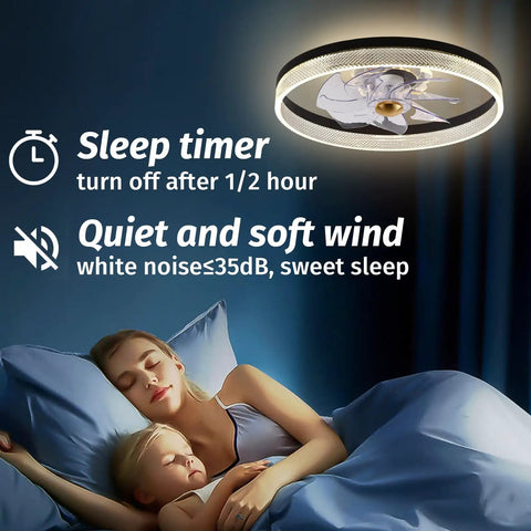 Low Profile Flush Mount Ceiling Fan With Light And Remote Control, 20 Inch DC Quiet 6 Speed Ceiling Fan shown in a bedroom setting