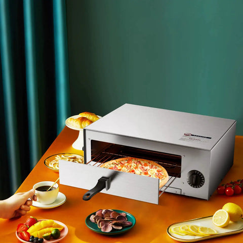 Stainless Steel Countertop Pizza Oven With Auto Shut Off, 12 Inch Capacity, 360 Degree Heating, on kitchen counter in use