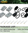 Premium 175A Battery Cable Connector For 1/0 To 4 Gauge Wire with four quick connect plugs and dust covers.