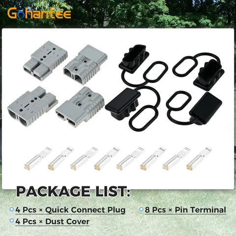 Premium 175A Battery Cable Connector For 1/0 To 4 Gauge Wire with four quick connect plugs and dust covers.