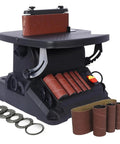 Beast Mode Vertical Oscillating Spindle And Belt Sander Combo For Woodworking Shops With Tilting Table and assorted sanding sleeves.