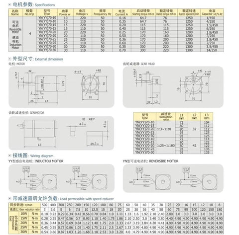 YN70 20 110V 20W AC Synchronous Motor For XRJ15Lx2 Single Phase Permanent Magnet Drive Go To Motor For Small Machinery Ideal For Hobby CNC Automation Gear And DIY Projects, specification sheet