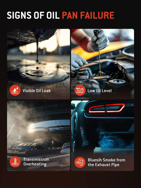 Image showing signs of oil pan failure for 8 Speed Automatic Transmission Oil Pan With Bolts And Gasket For Ram 1500 2500 3500 Jeep Grand Cherokee Durango Challenger Charger And Chrysler 300 Drain Plug Included Fits 2013 Through 2024, including visible oil leak, low oil level, transmission overheating, and blue smoke from exhaust pipe.