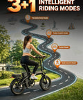 Woman riding Powerful 1200W Folding Electric Bike For Adults with 14 inch tires, displaying intelligent riding modes