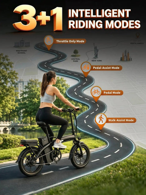 Woman riding Powerful 1200W Folding Electric Bike For Adults with 14 inch tires, displaying intelligent riding modes