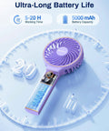 Portable Handheld Fan On The Go Must Have 5000mAh Rechargeable Battery With 6 Speeds And LED Display in purple, close-up view