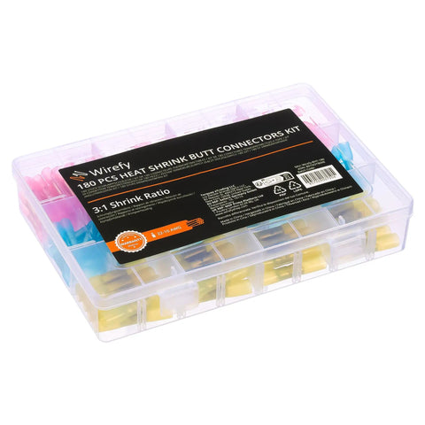 180 Piece Pro Grade All Weather Marine Heat Shrink Butt Connectors Kit For 22 To 10 AWG Wires in clear storage case